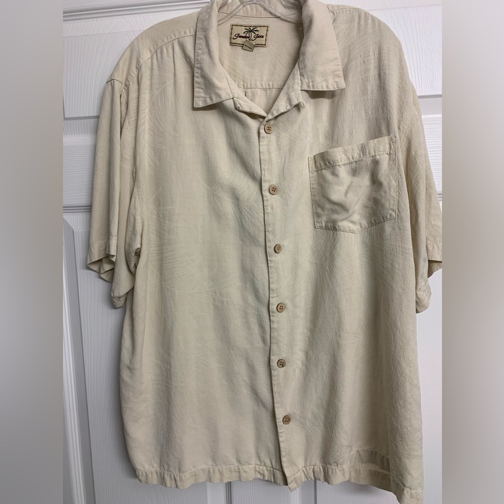 Jamaica Jacxx 100% Silk Shirt size L Short Sleeve Tropical fern pattern Pocket